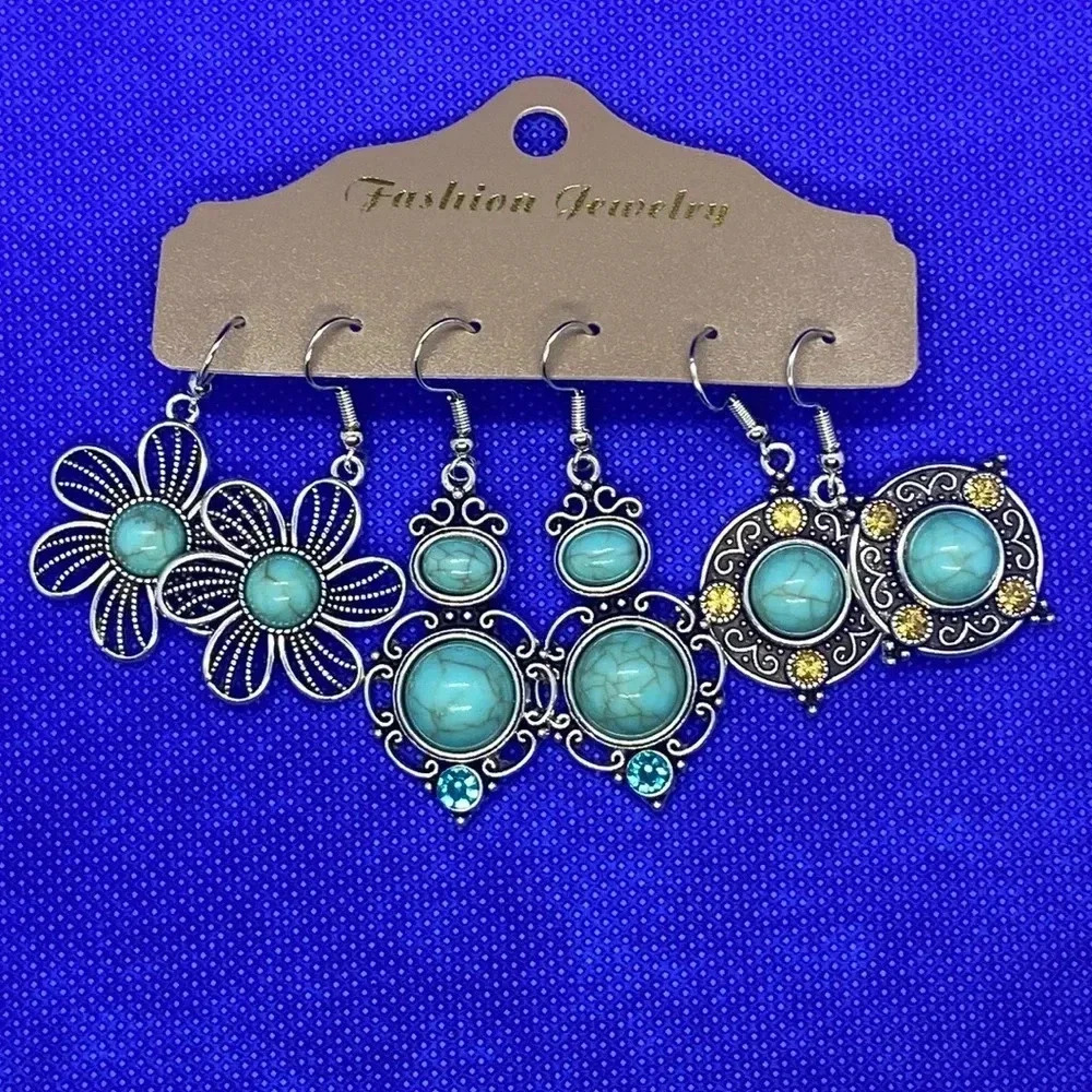New earrings 3 pair silver tone antique finish faux turquoise boho earrings